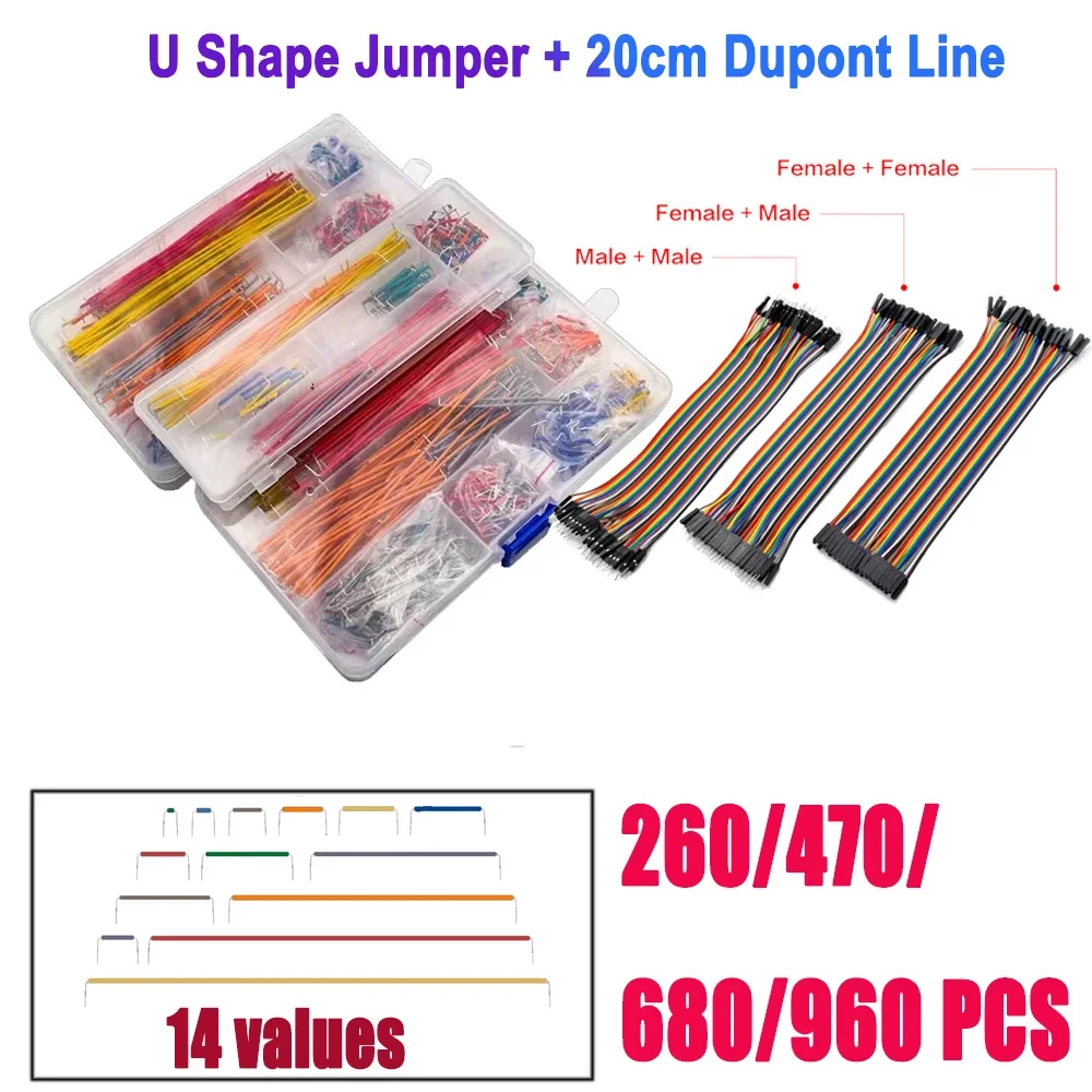 260/470/680/960PCS Solderless Breadboard Jumper Wires U Shape+20CM Dupont Line Breadboard Jumper Cable Wire Kit for DIY Arduino