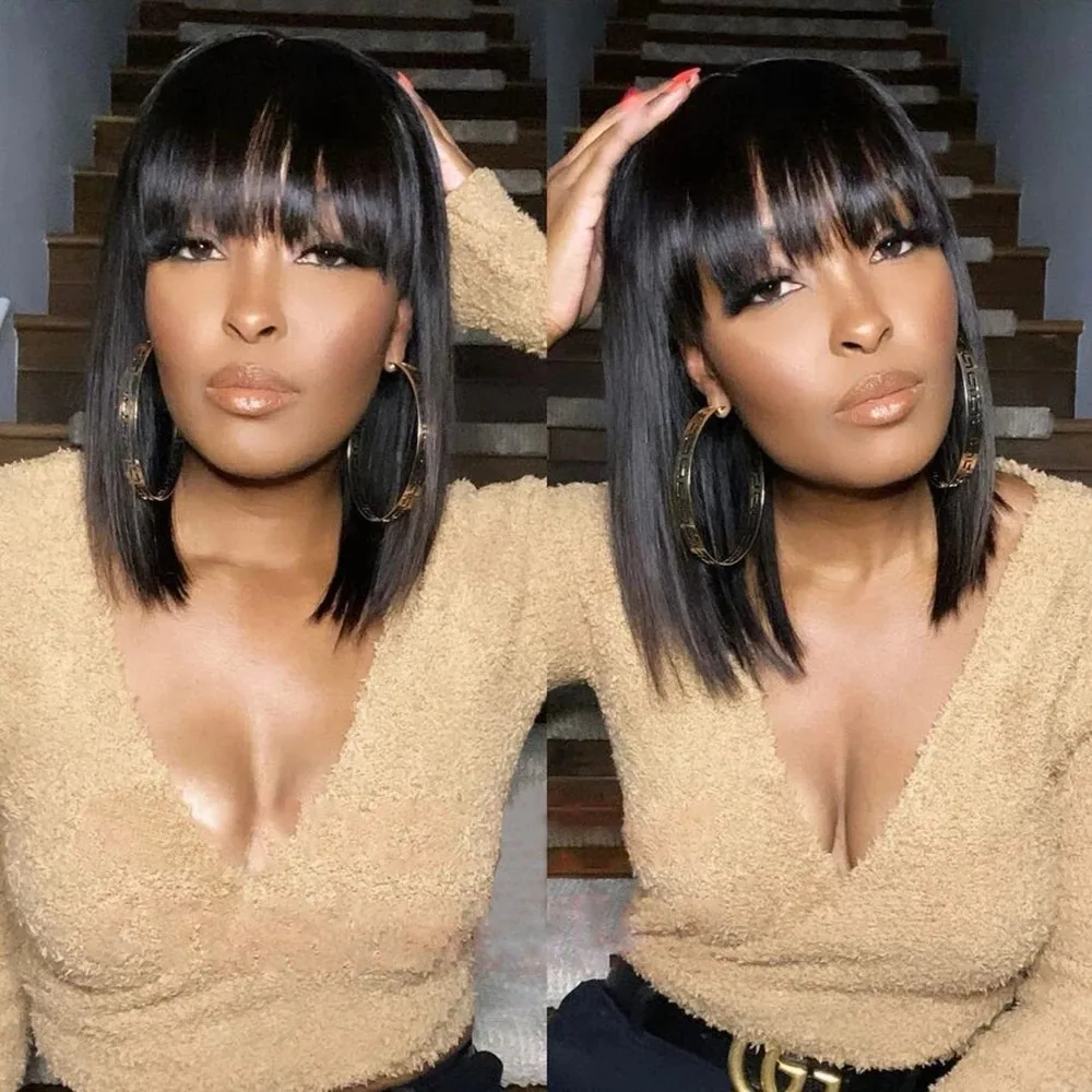 Brazilian Straight Bob Wigs With Bangs Straight Human Hair Wigs With Bangs Fringe Middle Part Machine Made Wig Bob Realistic Scalp