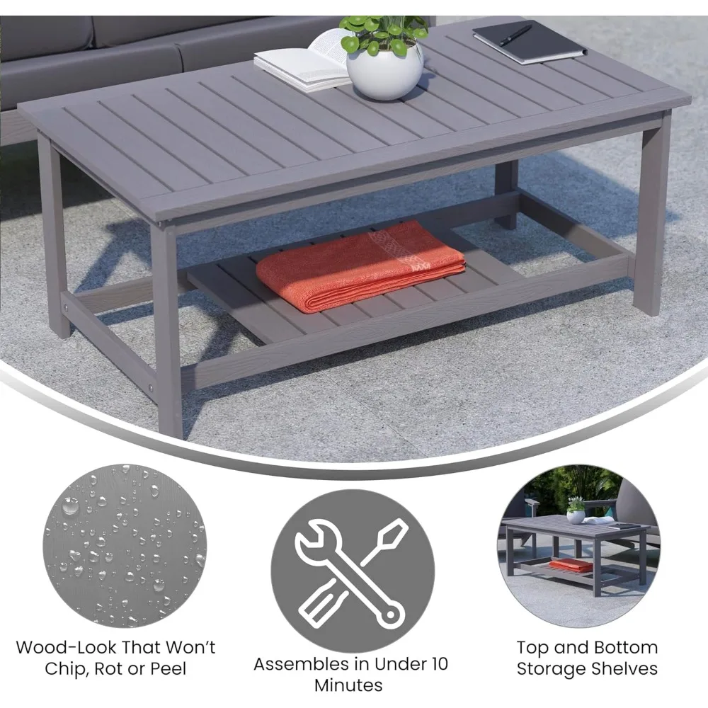 Meja Kopi Dua Tingkat Kelas Komersial - Kayu Resin Poli dengan Finishing Abu-abu - Tahan Segala Cuaca - Desain Rak Berpalang