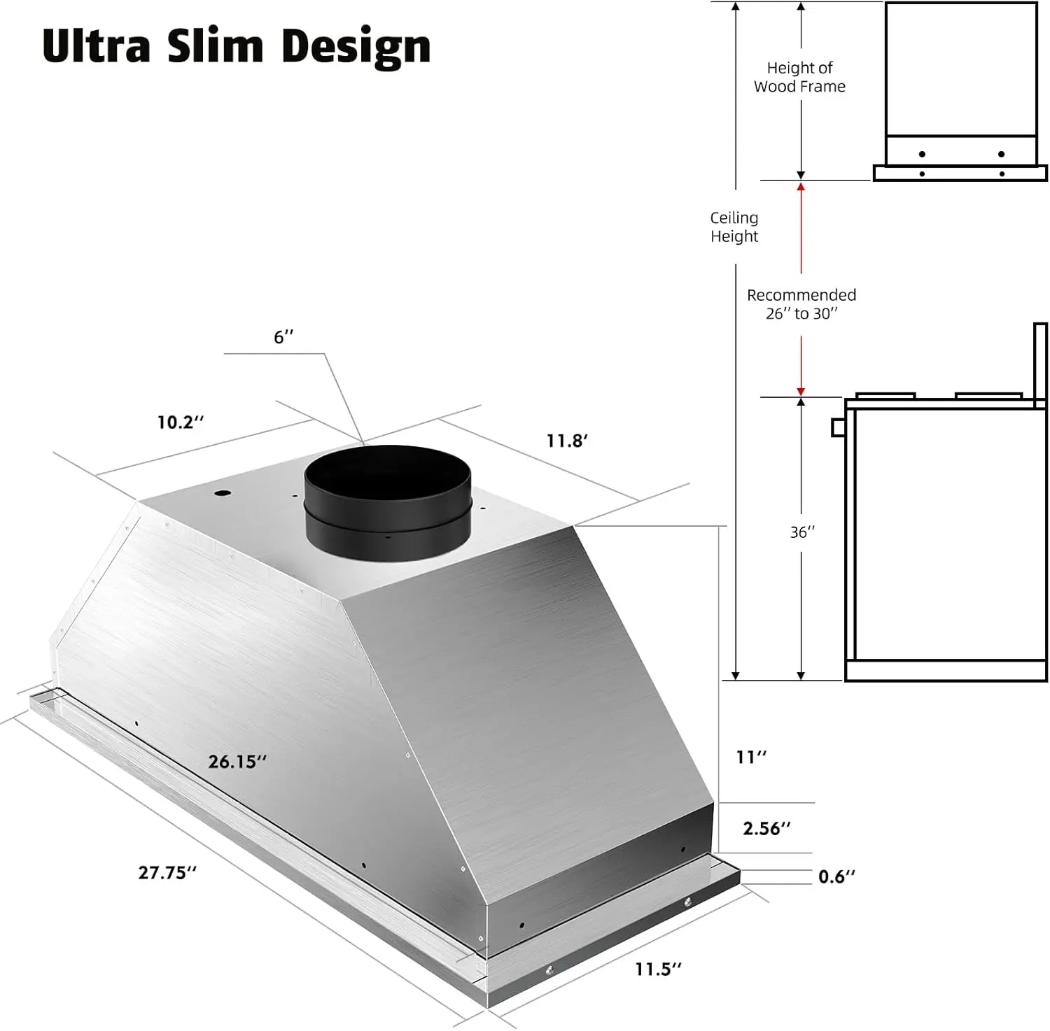 Inserto de campana de 30 pulgadas, campana de cocina integrada con 750 CFM, campana de ventilación de cocina convertible con conductos/sin conductos, campana de estufa de acero inoxidable