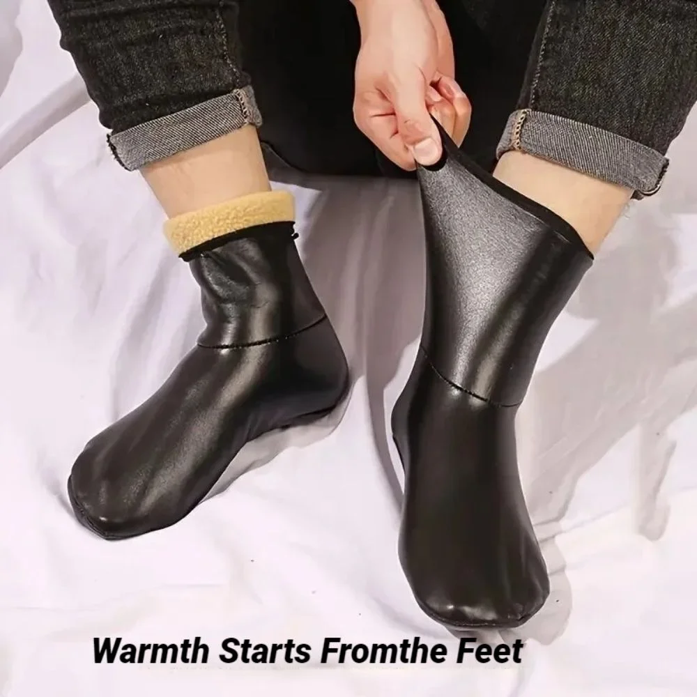 New Thickened Thermal Floor Socks Non-Slip Bottom Waterproof Winter Thermal Socks Fleece Lined Leather High Tube Socks Men Women