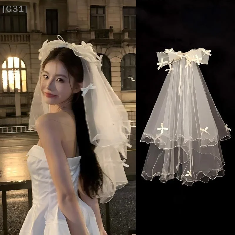 White Bow Tulle Bridal Veil With Hair Clip Wedding Bachelorette Hen Party Veil Hair Clip Hair Accessories Photoshoot Props[G31] view 2