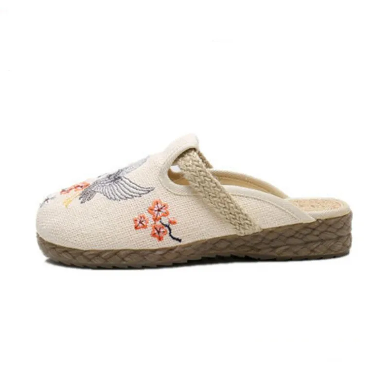 Ethnic Wide Toe Linen Slippers for Women Embroidered Vintage Casual Mules Ladies Trend Summer Slides Female Backless Sandals