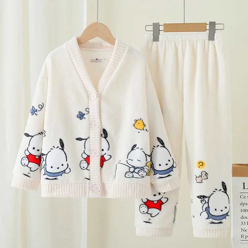 Kawaii Sanrio Kuromi Cinnamoroll Children Cardigan Pajamas Cute My Melody Winter Warm Coral Fleece Thicken Girl Home Pajamas Set