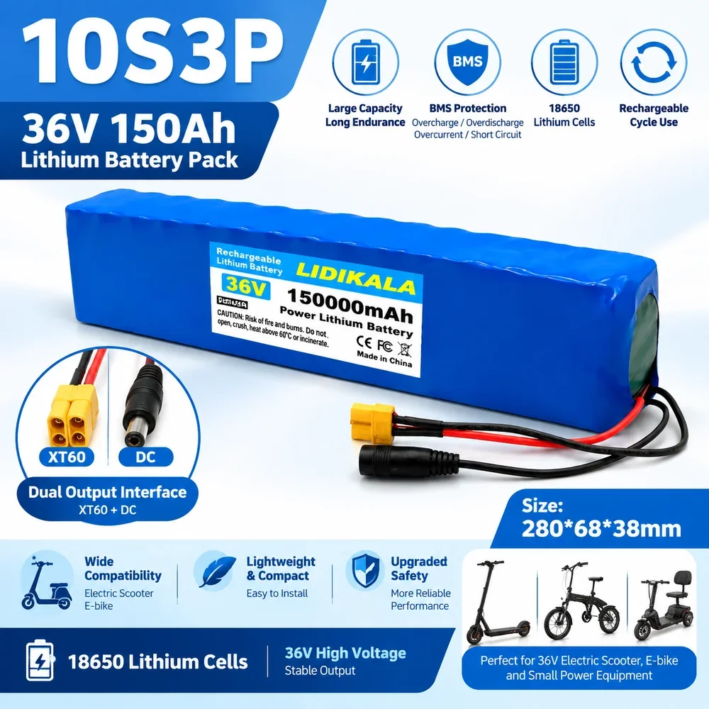 Neu aufgerüsteter 36V 10S3P 150000mAh wiederaufladbarer Lithium-Ionen-Akku, 250W-1000W Leistungs-Nachrüstung, geeignet für Elektroroller-Akkus mit BMS
