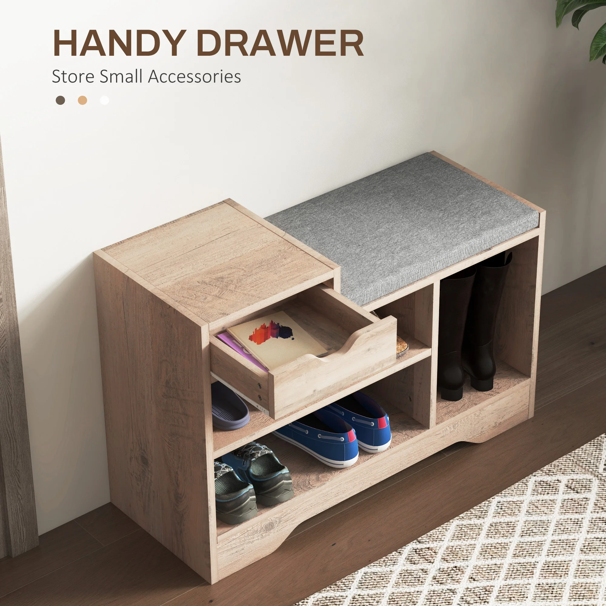 HOMCOM Upholstered Entryway Shoe Bench with Storage Drawer Distressed Grey