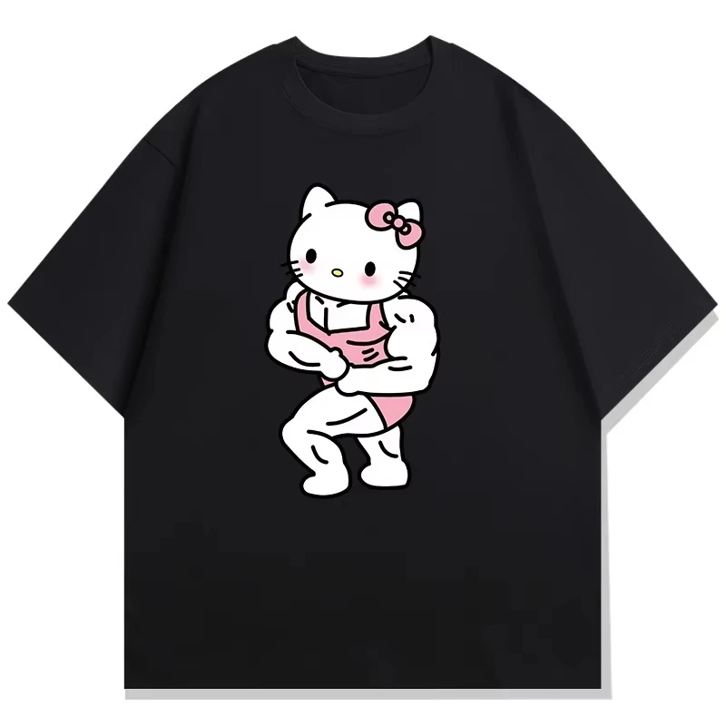 

Хлопковая футболка с короткими рукавами и принтом Muscle Fitness Kitty, женская свободная повседневная универсальная футболка больших размеров с цветочным принтом