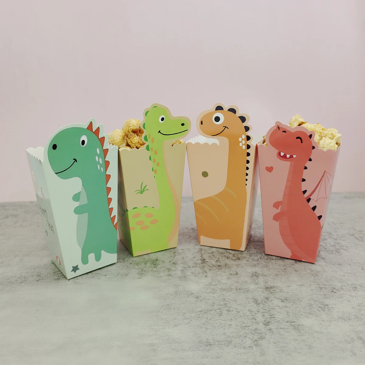 12/48pcs Four styles mixed dinosaur popcorn boxes, packaging boxes for party, wedding, and baking supplies