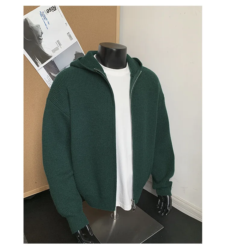 2026 New Autumn Winter Simple Solid Color Knitted Hoodie Men Japan Korean Fashion Casual Loose Double Zipper Hooded Jacket