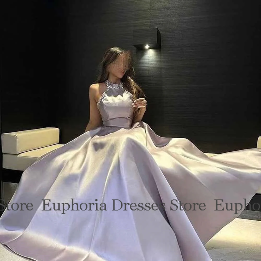 Romantic Prom Dresses for Ladies Satin A-line Formal Evening Dress Taro Pur High Collar Rhinestones/Crystals Party Gown Long