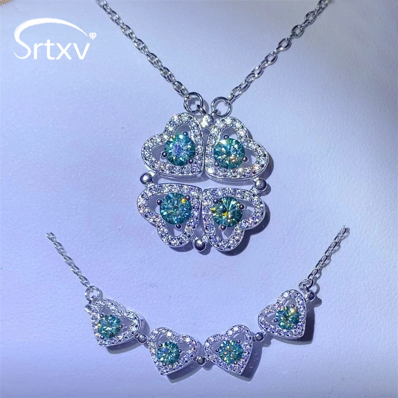 4mm/5mm Green Moissanite Necklace For Women S925 Sterling Silver 4 Leaf Clover Neck Chain Wedding Birthday Party Gifts Jewelry