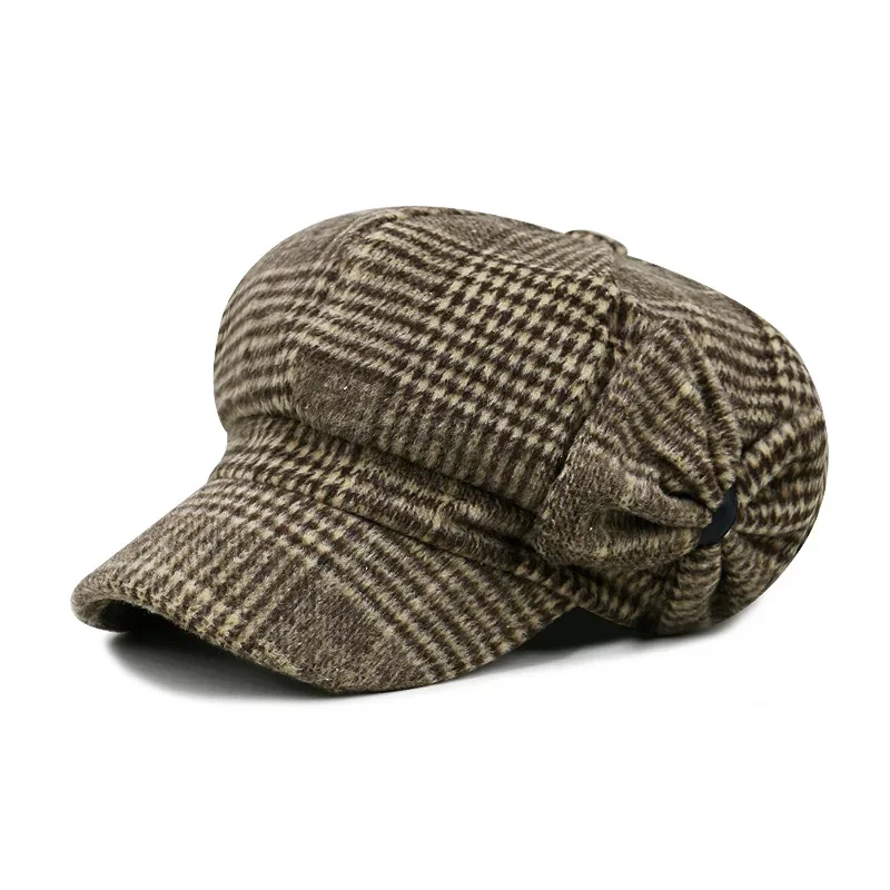 

Brown Plaid NEWSBOY Baker Boy Cap Woman Fashion Newsboy Caps Bow Tie New Design Beret Female Hat Herringbone Autumn Winter Hat