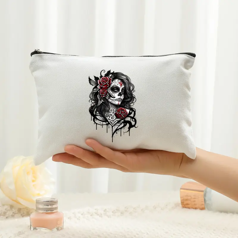 Gothic Sugar Skull Rose Cosmetic Pouch Day of The Dead Lady Skull Floral Tattoo Print Canvas Bag Portable Makeup Storage Purse