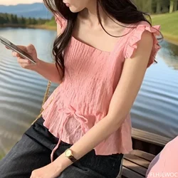 Shirring Waist Peplum Tops Blouses New Design Women Cute Sweet Japan Girls Chic Korea Pink Ruffles Sleeveless Camis