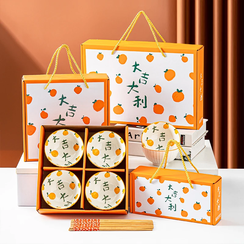 

Creative Hand-Painted Chinese Ceramic Bowl Set Festive Dinnerware Set Home Use Gift Box Plant Floral Pattern Rice Bowl