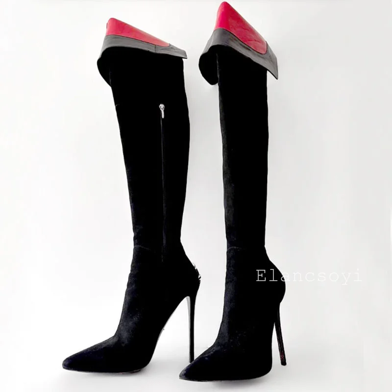 Runway Botas Sexy Black Suede Leather Knee-High Boots Super High Heels Women Autumn Winter Pointed Toe Strange Heels Long Boots image 2