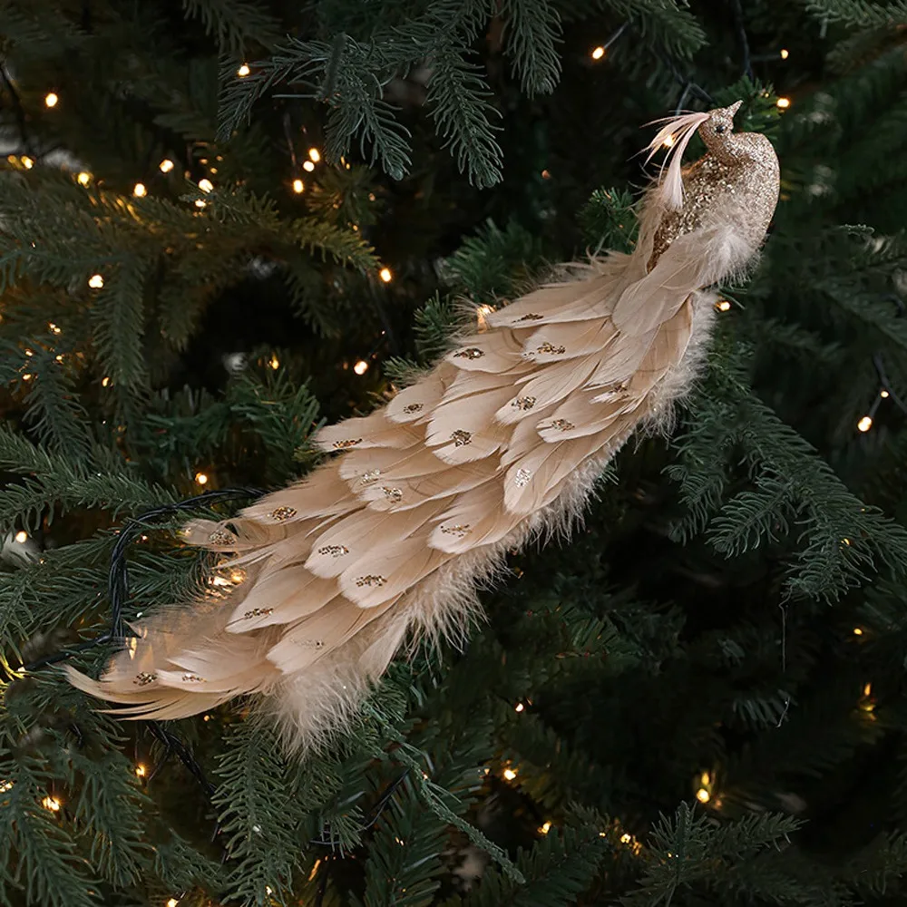 Красочный искусственный рождественский павлин с блестящими перьями и длинным хвостом, имитация павлина ручной работы с зажимом, декор для рождественской елки
