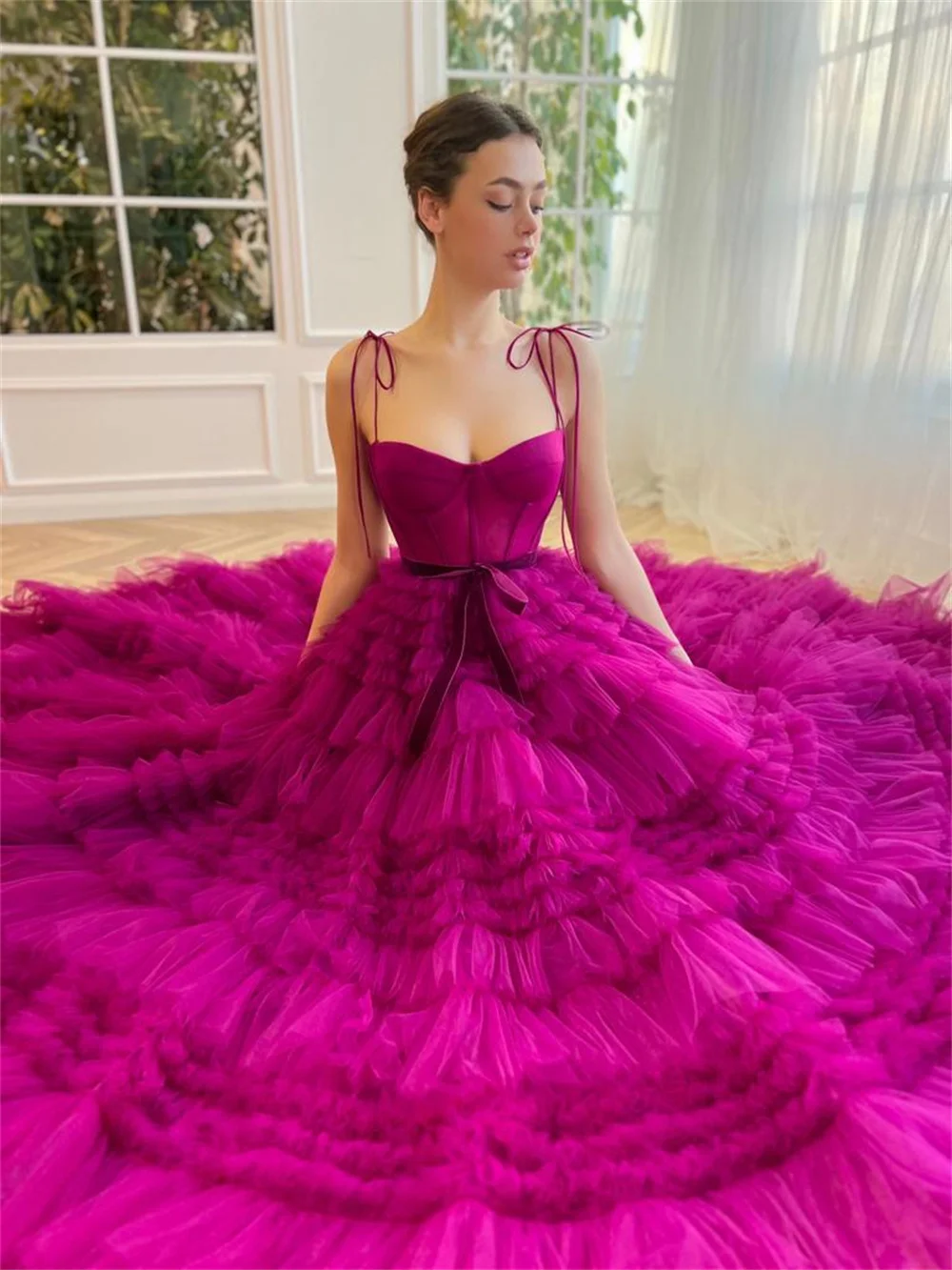 Cathy Fuchsia Exquisite A-line Tulle فساتين سهرة Spaghetti Strap vestidos de noiva Floor-Length Pleats Party robe de mariée 2024