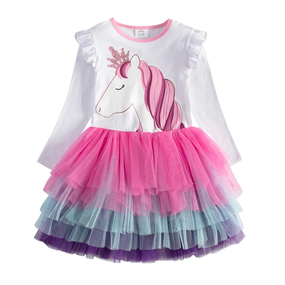 Langarm-Herbst- und Frühlingskleid für Mädchen mit Einhorn-Aufdruck und gestuftem Tüll-Mesh-Tutu-Rock für Kinder, glitzernde Prinzessinnenkleider mit Farbverlauf – Detail 5