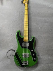 Green Bass Guitar 4 Strings Bass Te Body Black Stripe Big Iron Pickups Fixed Bridge Yellow Neck Balck Guard