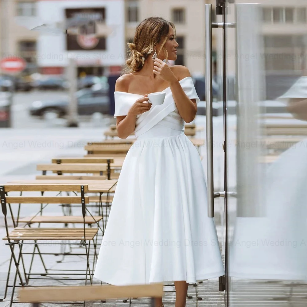 ANGEL Short Satin Wedding Dresses A-line Cross Bridal Gown Simple Vintage Lace Up Tea-Length Off The Shoulder Robe De Mariée