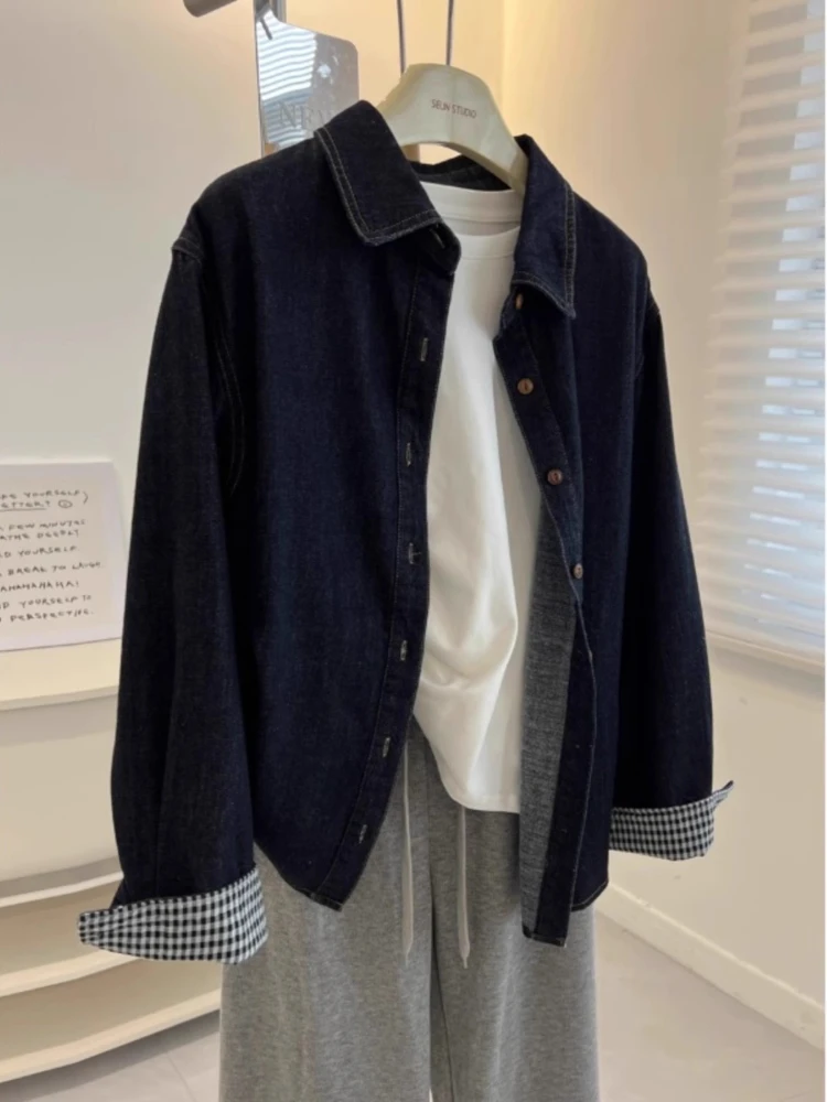 

Джинсовая рубашка в стиле ретро, женское винтажное японское клетчатое лоскутное пальто с длинным рукавом, шикарная весенне-летняя куртка