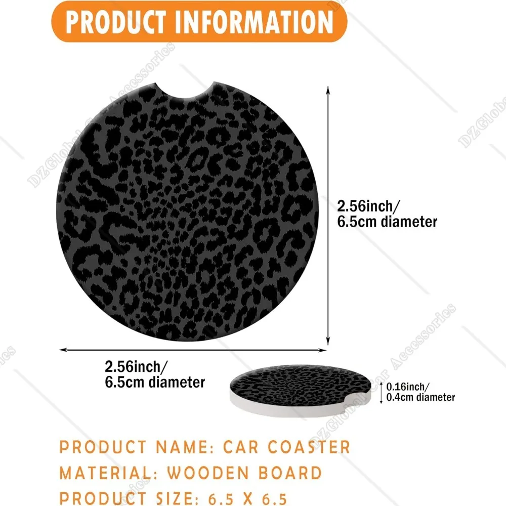 2 Pack Leopard Ceramic Car Coasters Black Cheetah Printed Absorbent Car Cup Holder Coaster Auto Accessories with Finger Notch