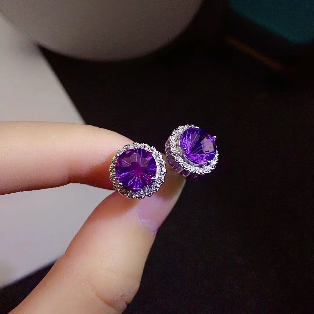 الكلاسيكية أقراط الكريستال للحزب 8 مللي متر VVS الصف الجمشت الطبيعي أقراط الصلبة 925 الفضة جمشت مجوهرات