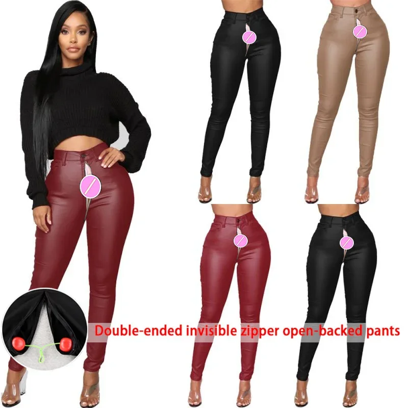 

Summer Leather Pants Women Invisible Open Crotch Pu Jeans Peach Hip Push Up Leggings High Waist Tights Sexy Exotic Hotpants Lady