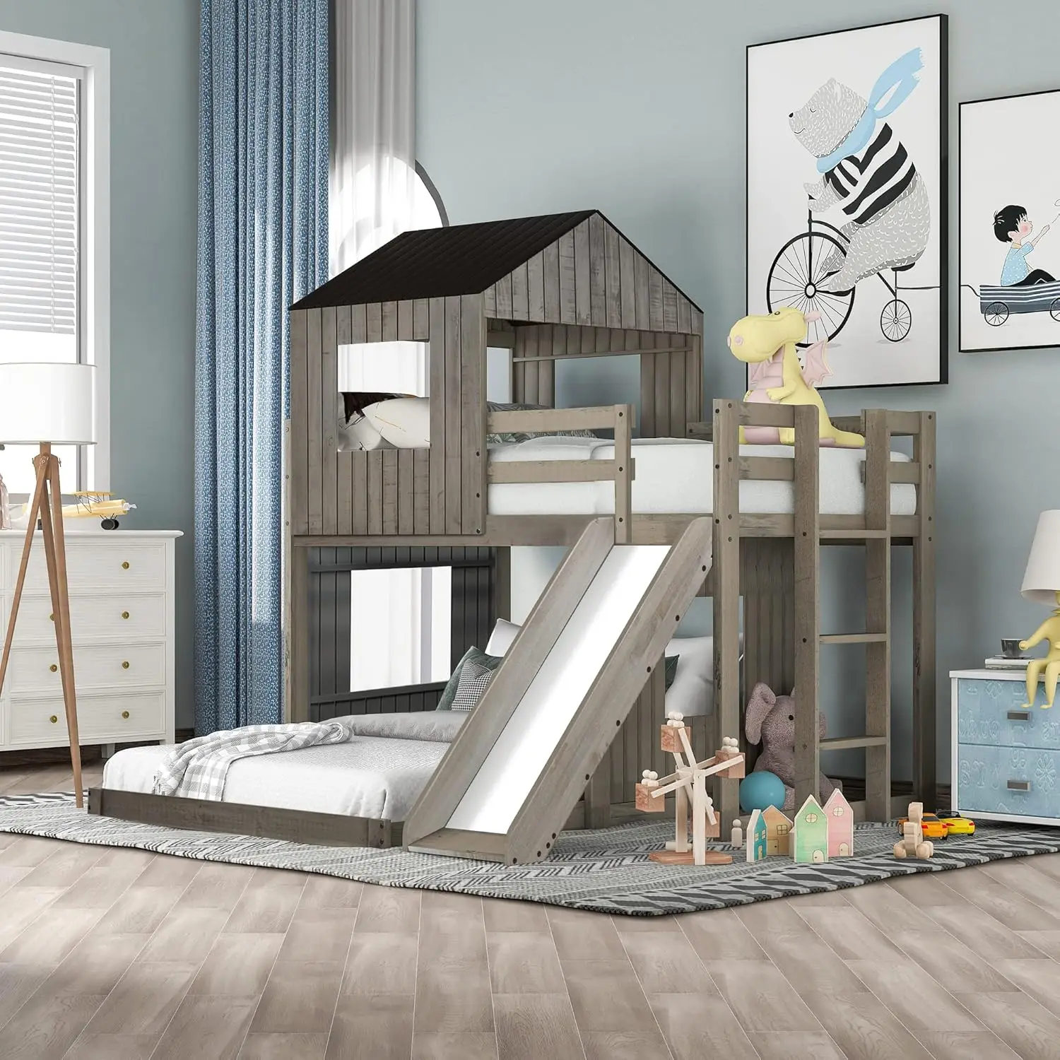 

Harper & Bright Designs Twin Over Full Bunk Bed With Slide And Roof, Wood House Bunk Bed With Ladder And Guardrails, Playhouse