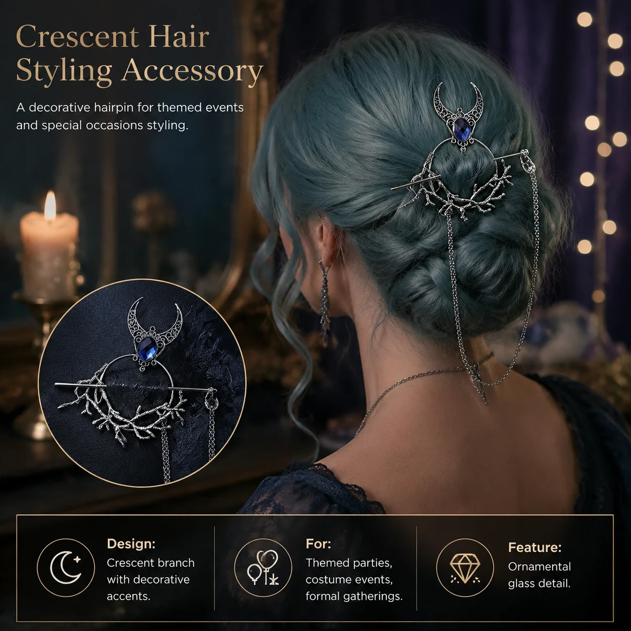 Alloy Round Hair Stick for Halloween Cosplay Women Ponytail Holder Vintage Moon Shaped Tassel Hairpin Retro Hair Accessories view 5