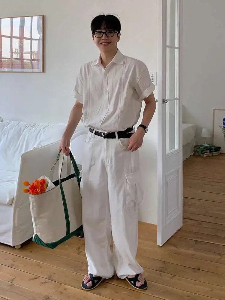 SYUHGFA Solid Color Men's Cargo Trousers Niche Design Straight American Style Loose Wide Leg Loose Male Pants New 2025 Summer