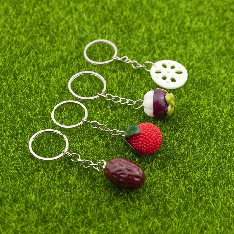 Lotus Root Arbutus Jujube Mangosteen Keychain Cute Trend Resin School Bag Car Key Pendant Couple New Trinket Gift Keyrings