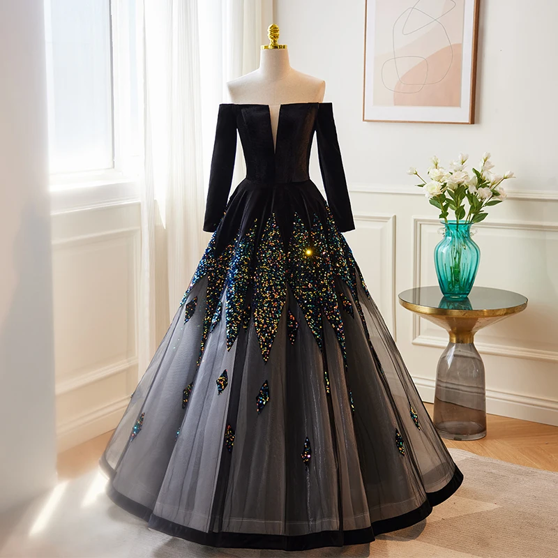 

Evening Dress Sequins Appliques A-Line Boat Neck Floor-Length Lace Up Black Full Sleeves Tulle Party Formal Dresses Woman B2715