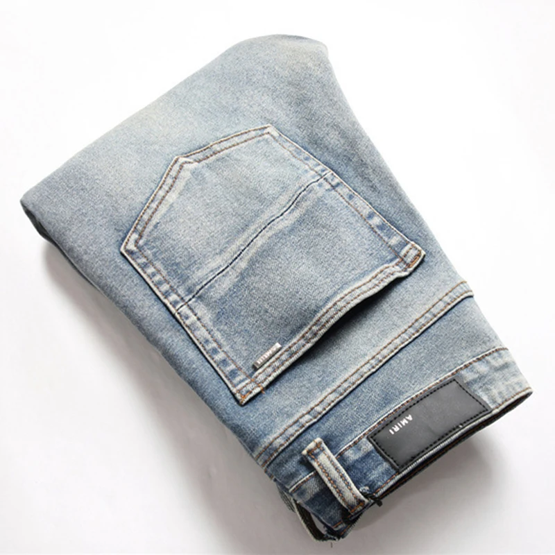 Jeans rasgado azul vintage masculino, calças stretch de ajuste fino, coqueiro, estrelas