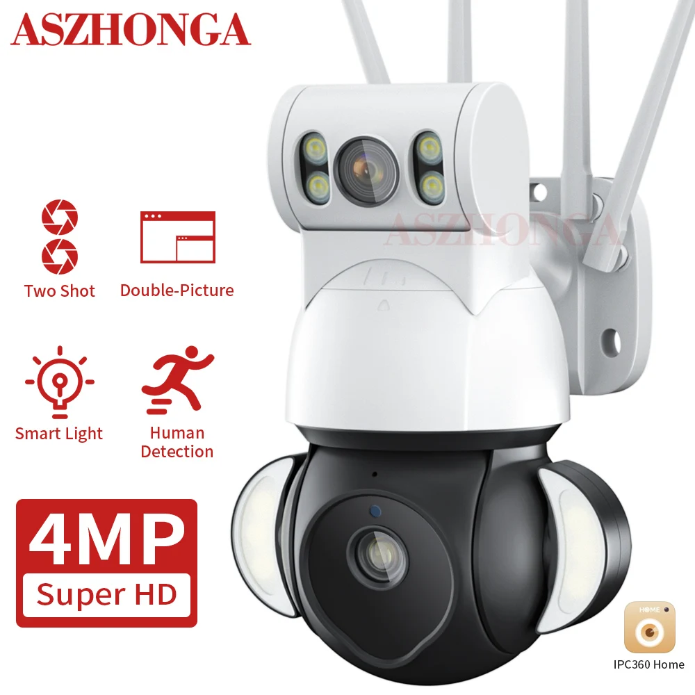 

ASZHONGA 4MP Dual Lens Camera 2K 10X IP Wireless Wifi CCTV Cam Dual Lens Screen Display Flash Lights Mini Network Security