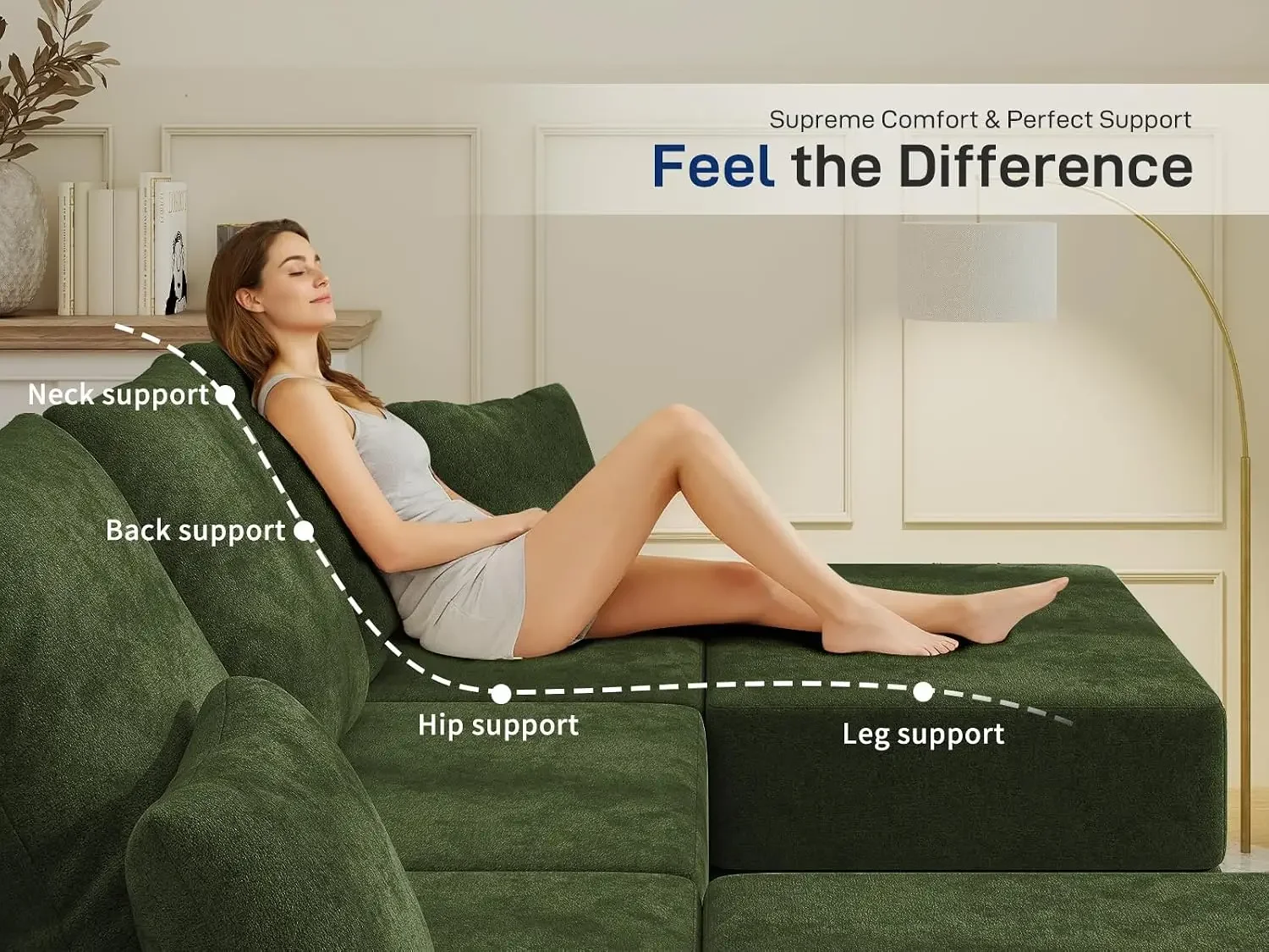 Green U Shaped Cloud Sectional Couch Living Room Boneless Sofa No Assembly Reversible Chaise Customizable 3 Seat Modular Ottoman