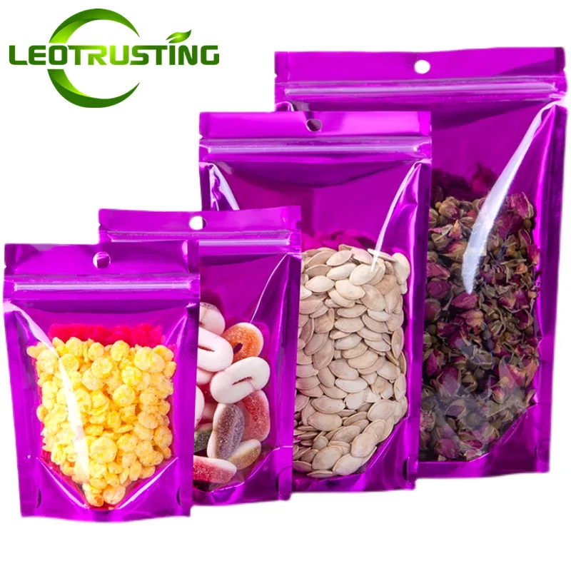 100pcs Stand Up Clear Front Purple Ziplock Packaging Bag Resealable Snack Candy Coffee Spice Corn Sugar Storage Hanging Pouches