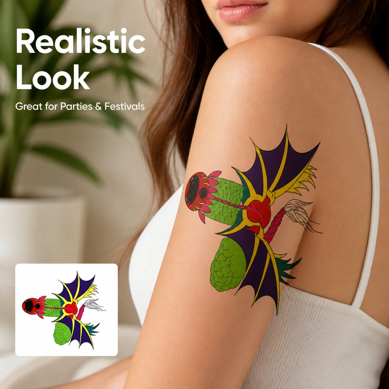 1 pcTemporary Dragon Fish Tattoo Sticker, Colorful Waterproof Body Art for Arm Shoulder Back, Party Festival Decor