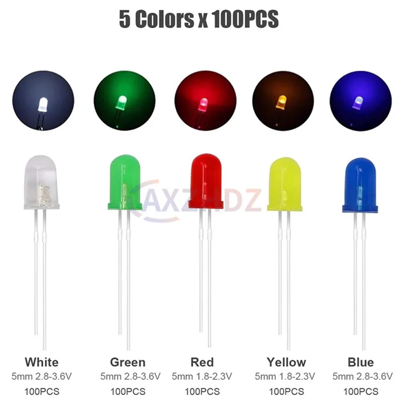 500PCS 3/5MM LED Leuchtdiode Weiß Rot Gelb Blau Grün F3 F5 LED Sortiment Kit LED Lampe Für Arduino Elektronik DIY