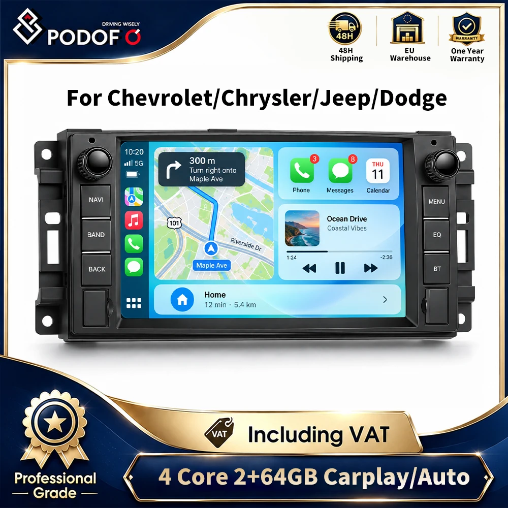 Autoradio Podofo Double Din con schermo touchscreen da 7'', 2GB+64GB, GPS, WiFi, Bluetooth, FM, lettore USB, CarPlay wireless, Auto Mirror Link per Chevrolet Epica, Chrysler Sebring, 300C, Jeep Grand