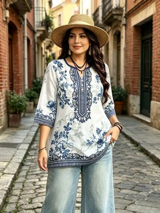 Women Vintage Blue Tone Floral All‑Over Print Blouse Notched Neck 3/4 Sleeve Loose Fit For Curvy Figures Daily Casual  Tops