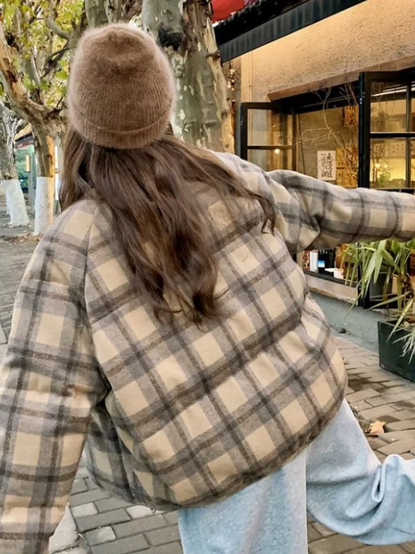 Retro ort Puffer Jaet frauen Winter Thi Warme Koreanische Sle Plaid Lose Brot Mantel Casual Pendeln Sle Oberbekleidung