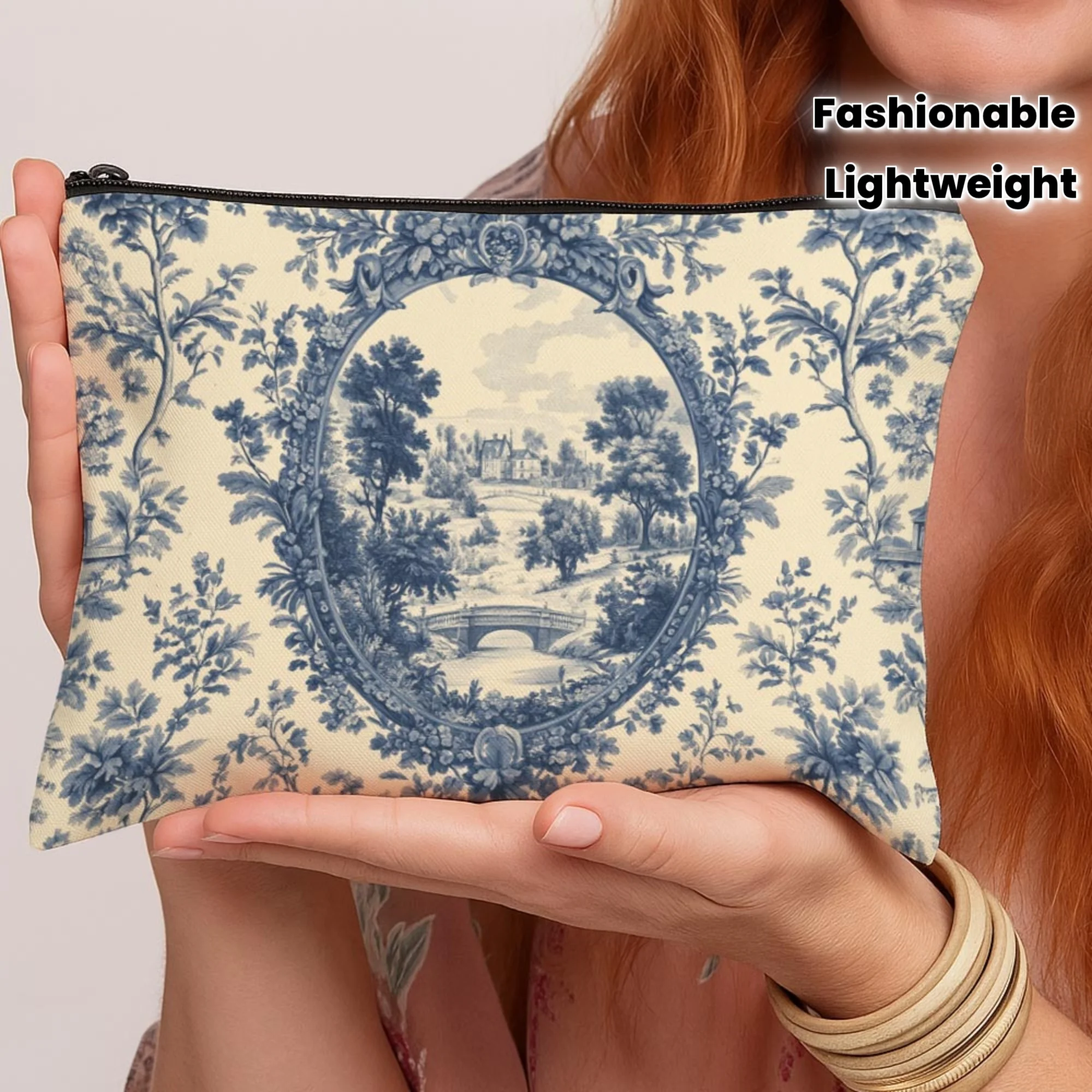 1pc French Toile Blue Print Cosmetic Bag Pastoral Landscape Toiletry Organizer Zipper Closure Lightweight Travel Makeup Pouch