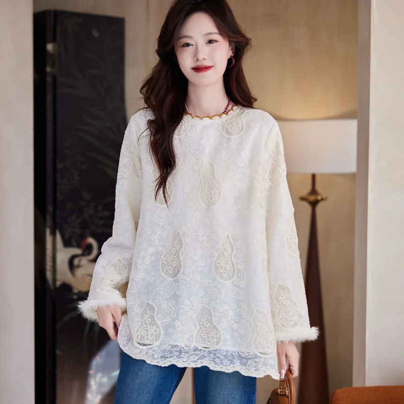 New Chinese Style Women Lace Blouse Autumn Winter Gourd Embroidery Fluffy Cuff Loose Long Sleeve Casual Tops