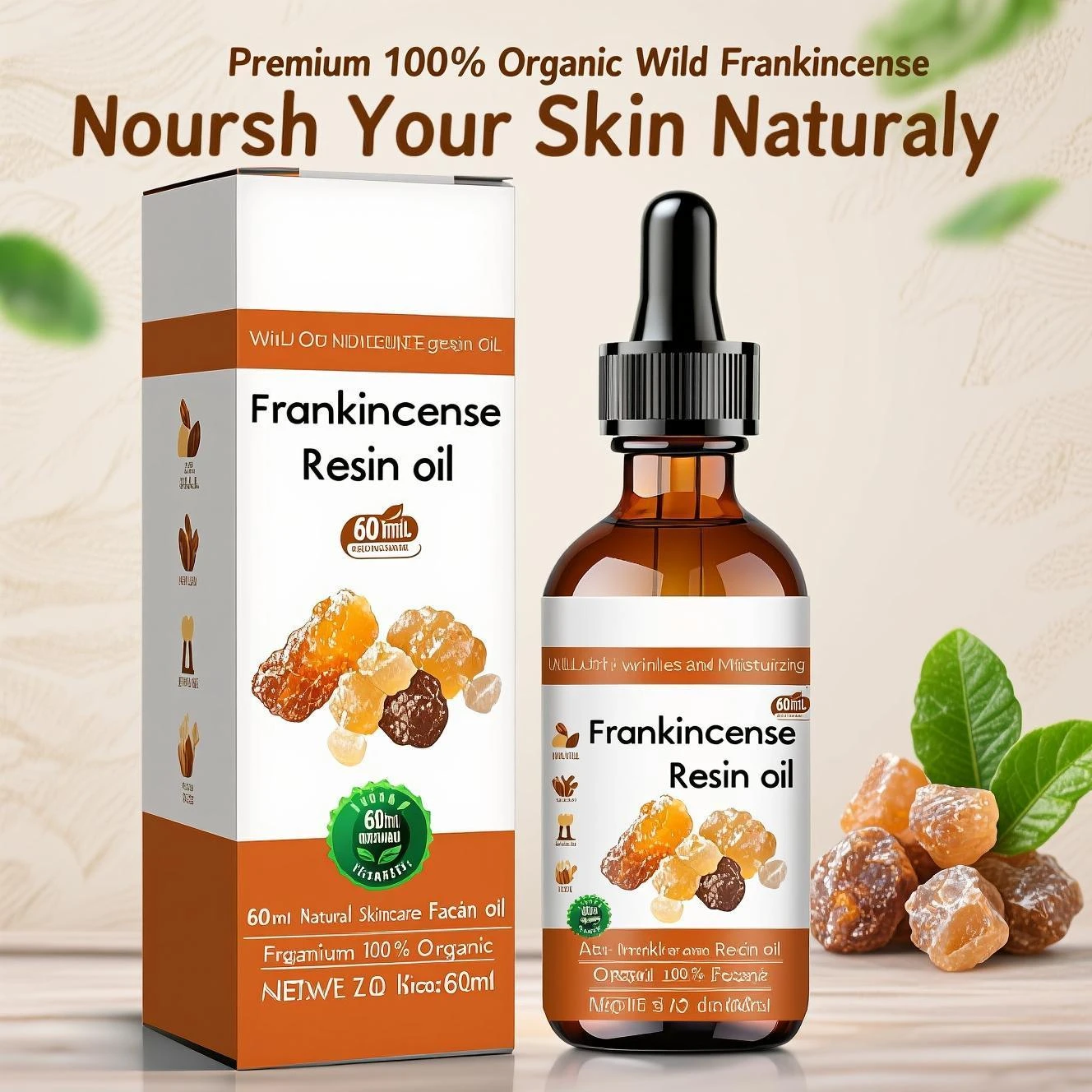 Organic Frankincense Resin Face Oil 60ml - 100% Pure Raw Formula, Supports Skin Smoothing, Deeply Moisturizes & Soothes.