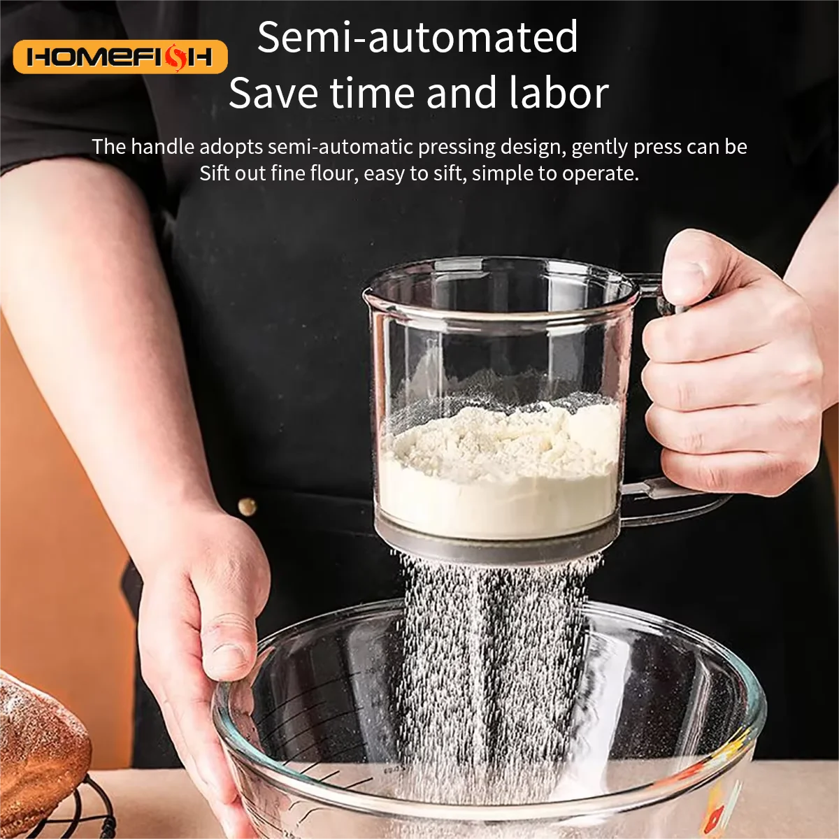 

HOMEFISH Kitchen Baking Cake Flour Sieve 40 Mesh Semi-automatic Filter Sieve Flour Sieve With Capacity Scale