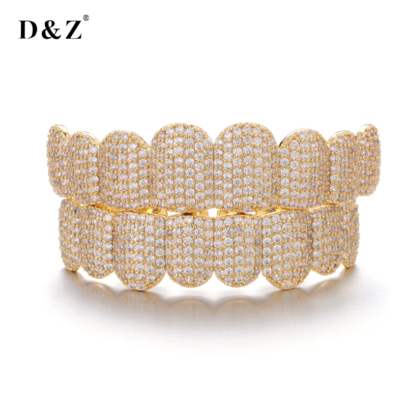 D&Z Bling Cubic Zircon Teeth Grillz Set For Unisex Top Bottom Mouth Removable Dental Gold Silver Color Fashion Jewelry