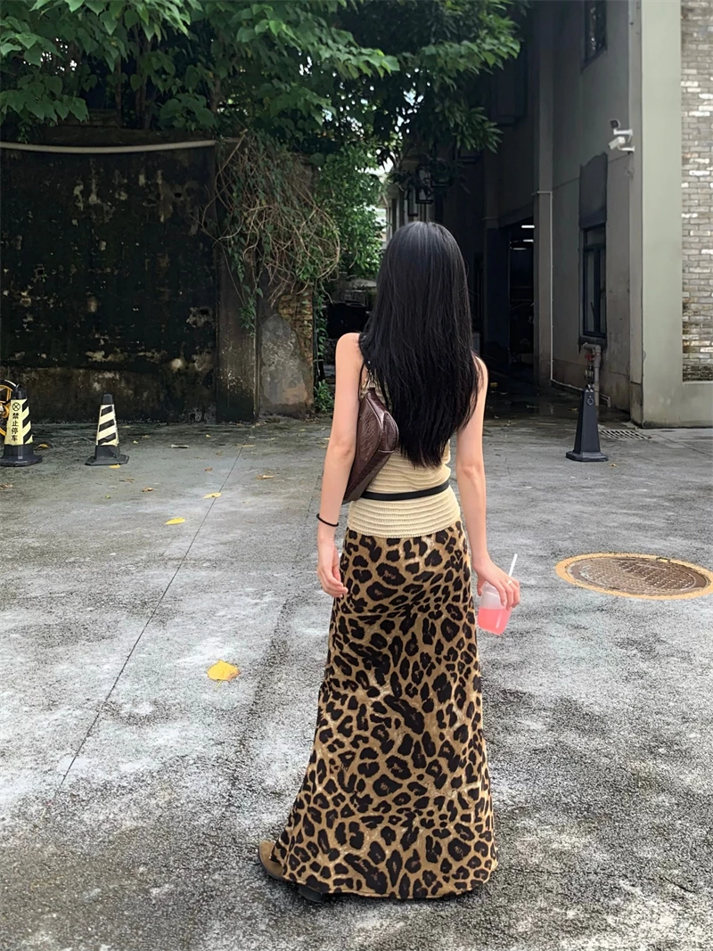 Benuynffy Leopard Print Drawstring Mermaid Hem Skirts Women's Fashion Y2k Elastic Waist Casual Streetwear Long Maxi Skirt 2024