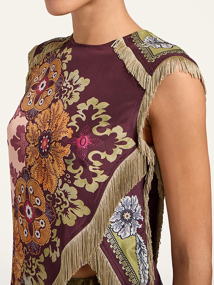 بلوزة ربيعية جديدة أنيقة برقبة دائرية، بلوزات نسائية بسيطة غير رسمية بدون أكمام، بلوزات نسائية مرقعة بشرابة مطبوعة عتيقة لعام 2026